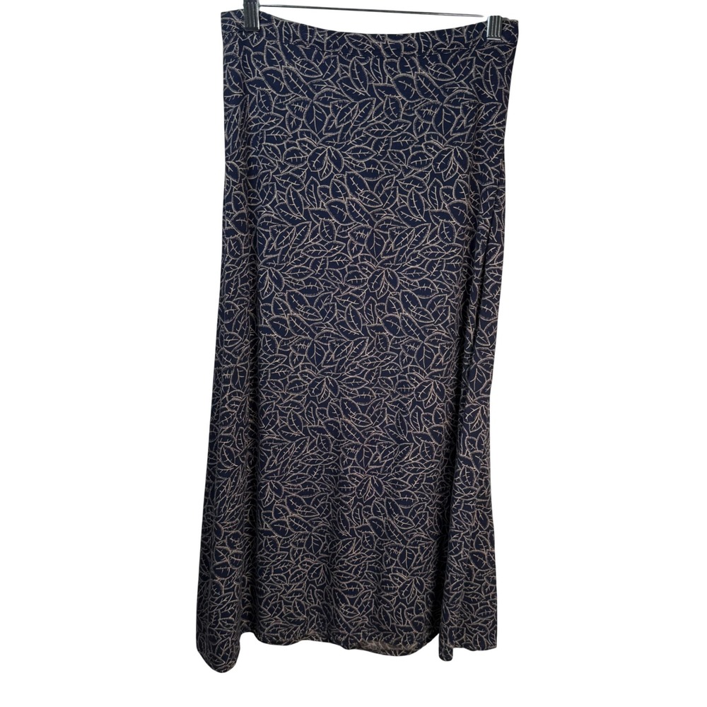 Vintage 90s Betsy's Things Maxi Skirt 8 Navy Blue Leaf Rayon Boho Coastal Nature